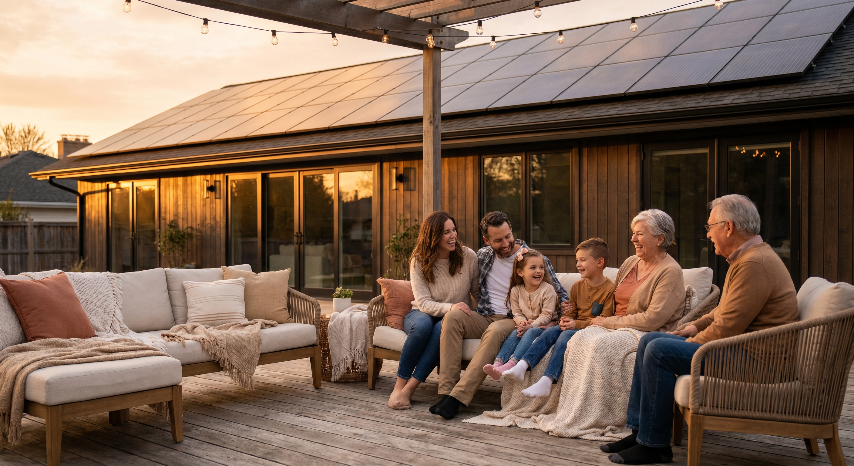 A family enjoying their solar home at sunset